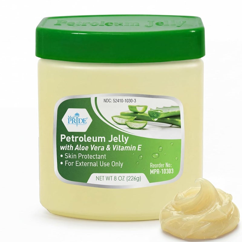 Medpride Petroleum Jelly with Aloe Vera & Vitamin E, 8 oz – Skin Protectant and Moisturizing Ointment for Dry or Irritated Skin, Rashes, Chapped Lips, Minor Cuts, Burns and Diaper Rash - Image 1
